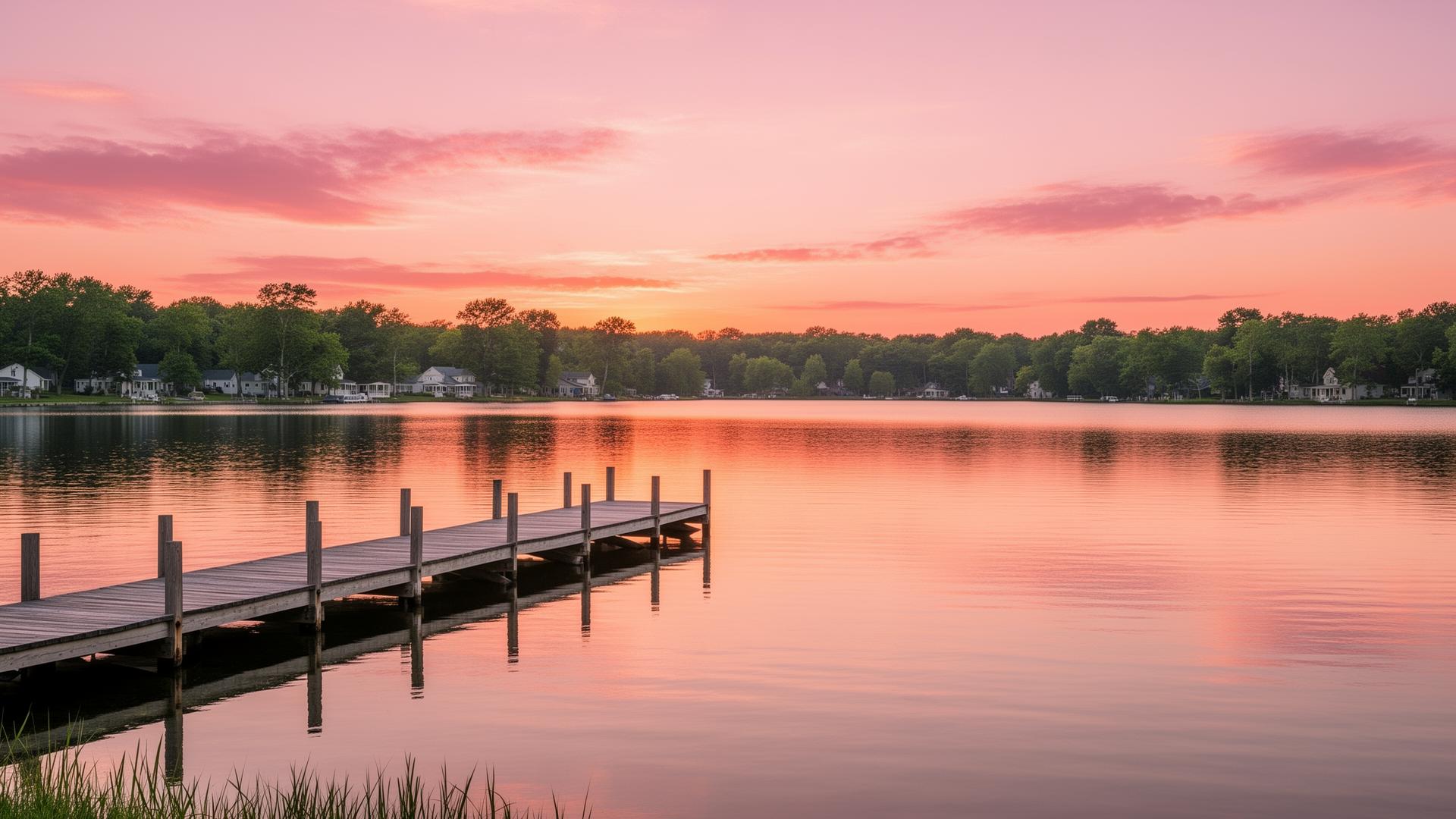 Crystal Lake at sunset with a wooden pier and lakefront cottages
